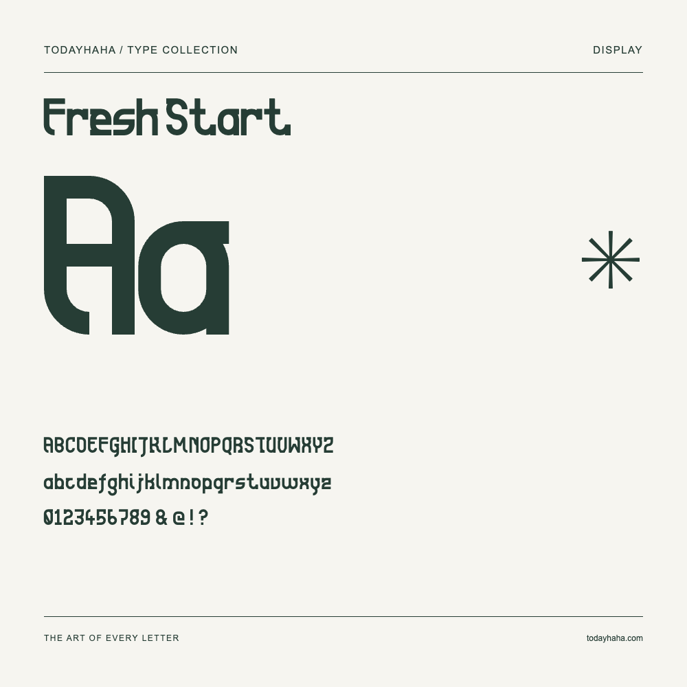 Fresh Start — Font specimen with uppercase and lowercase letters and numbers