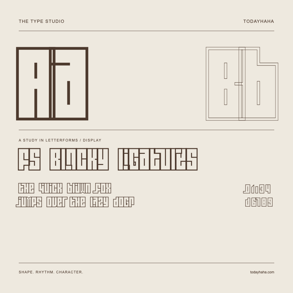 FS Blocky Ligatures — 字形展示：示例句子与数字