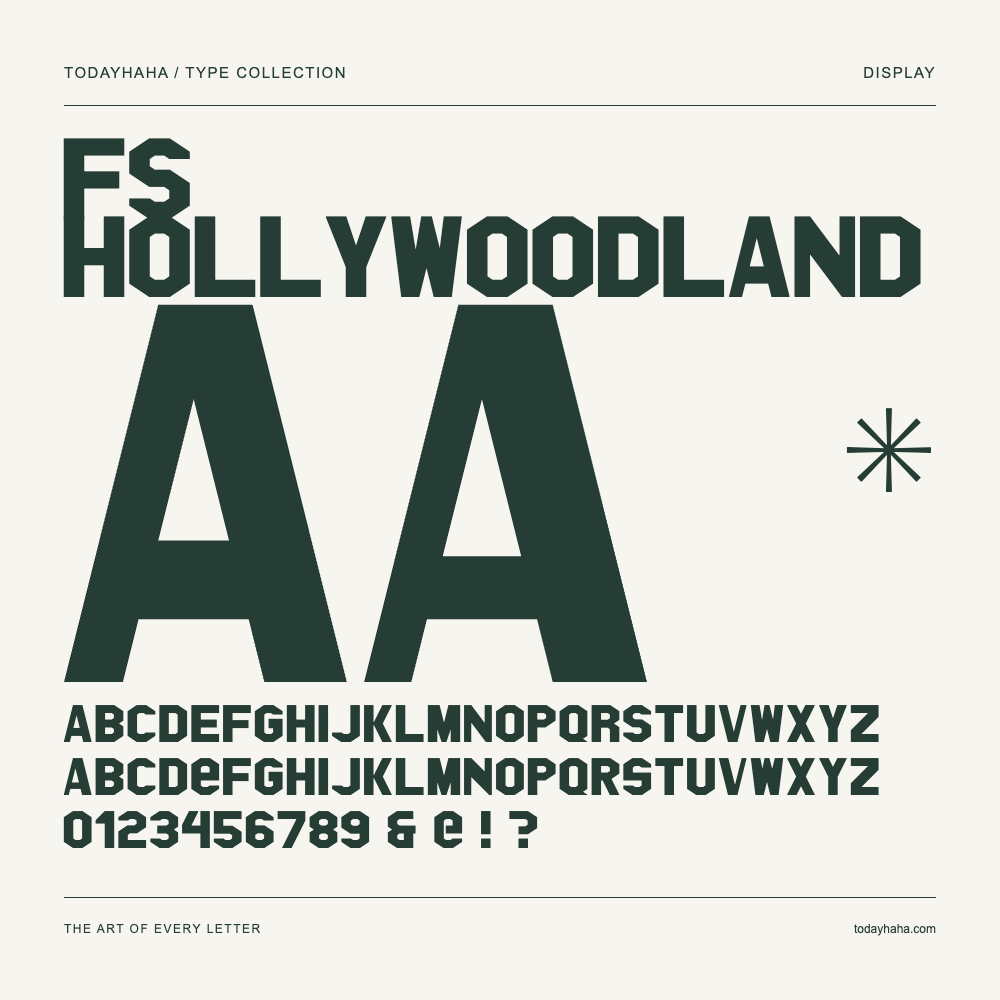 FS HOLLYWOODLAND — Font specimen with uppercase and lowercase letters and numbers