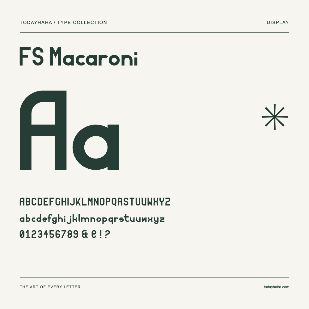 FS Macaroni — Amostra com letras maiúsculas, minúsculas e números