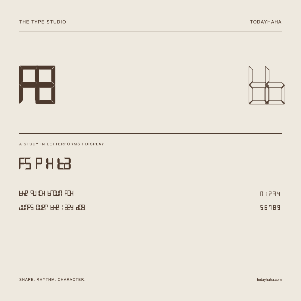FS Pixital — Letterform study with sample sentence and numbers