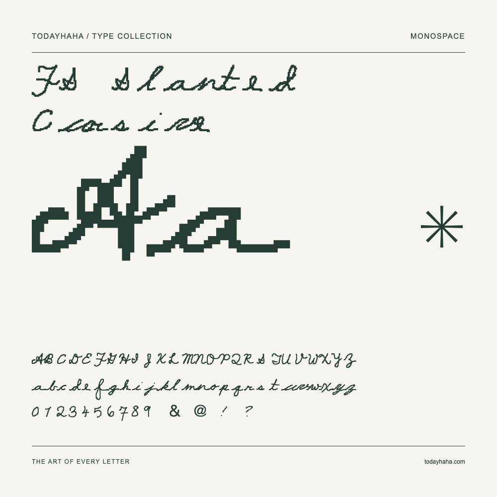 FS Slanted Cursive — Font specimen with uppercase and lowercase letters and numbers