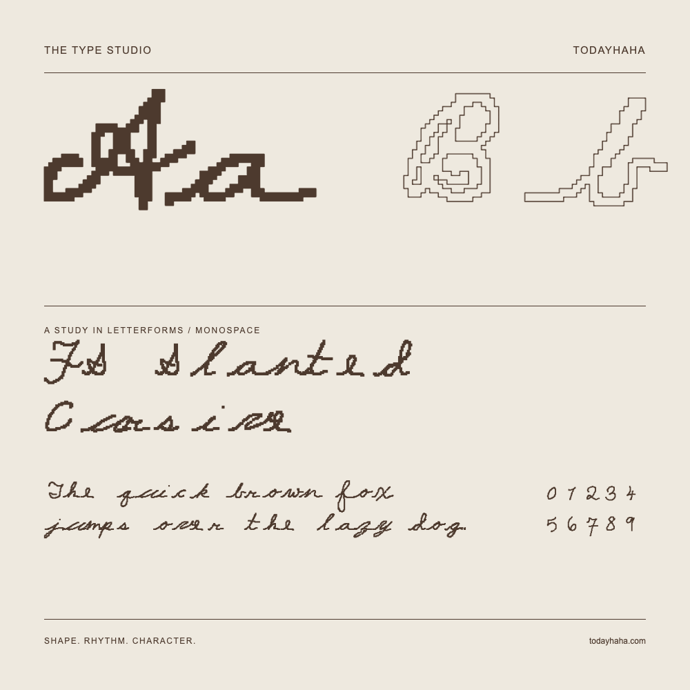 FS Slanted Cursive — Letterform study with sample sentence and numbers
