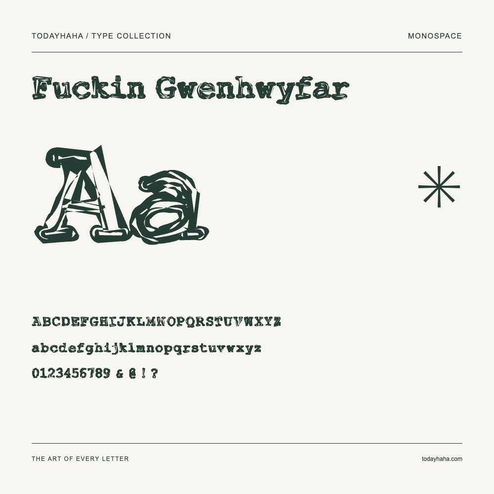 Fuckin Gwenhwyfar — Schriftmuster mit Großbuchstaben, Kleinbuchstaben und Ziffern