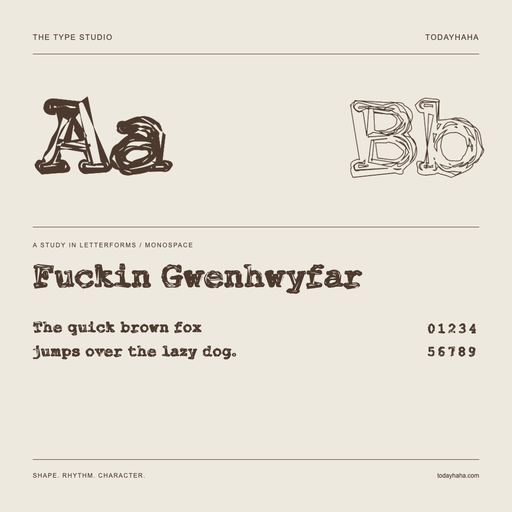 Fuckin Gwenhwyfar — Buchstabenstudie mit Beispielsatz und Ziffern