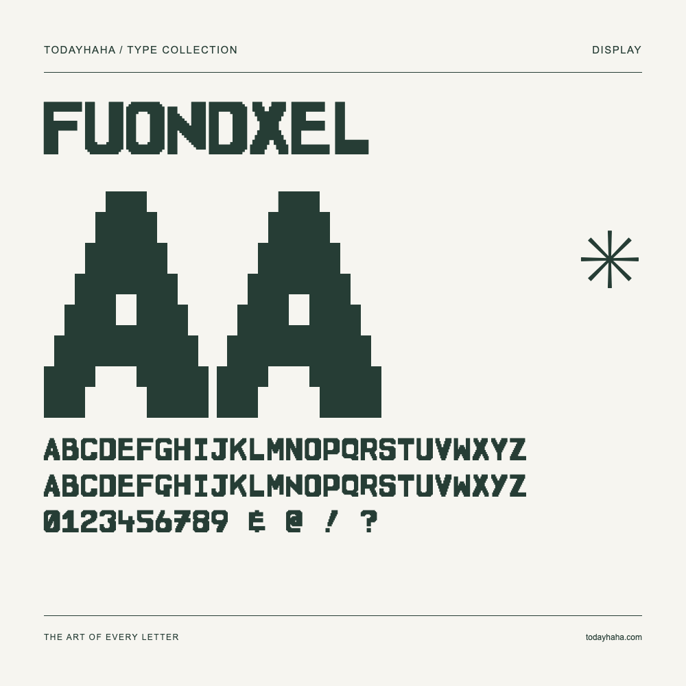 Fuondxel — Schriftmuster mit Großbuchstaben, Kleinbuchstaben und Ziffern