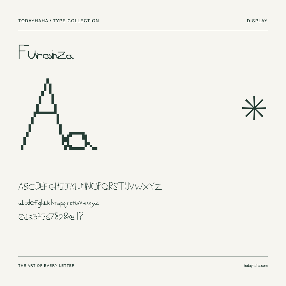 Furcoinza — Font specimen with uppercase and lowercase letters and numbers