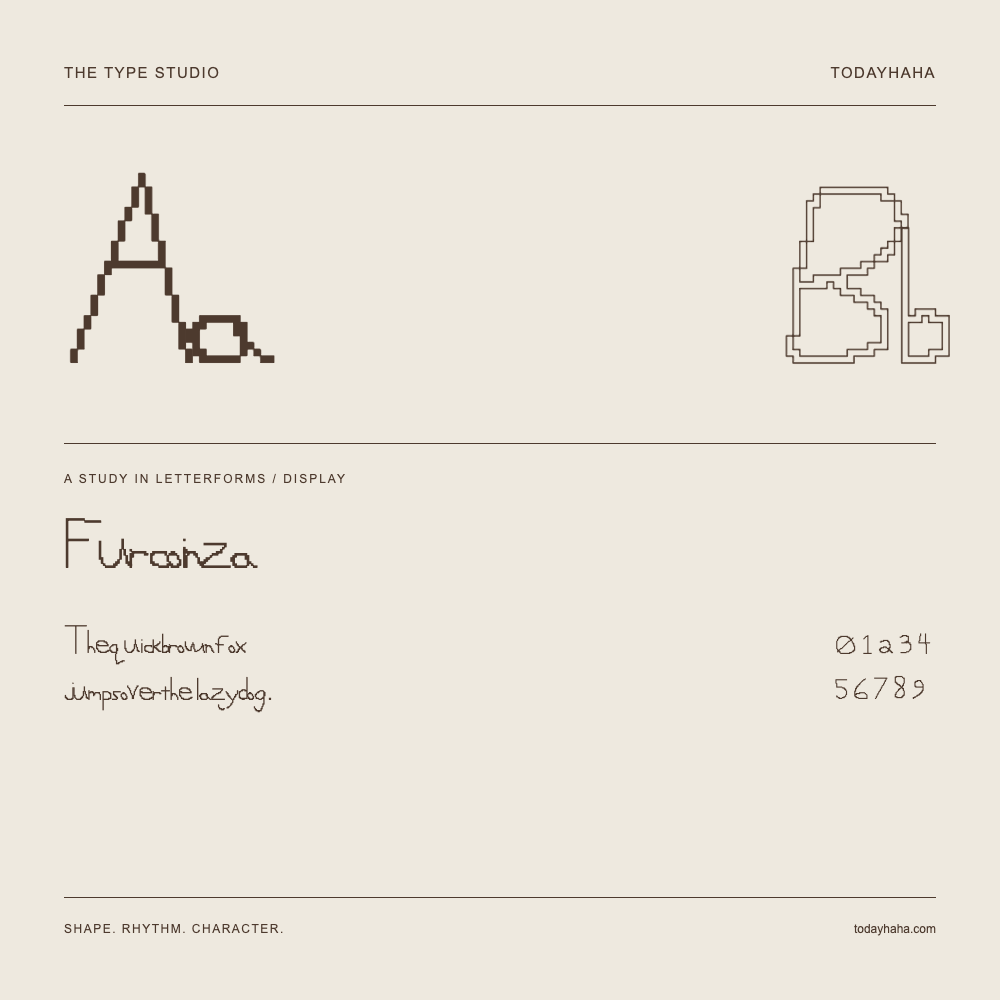 Furcoinza — Letterform study with sample sentence and numbers