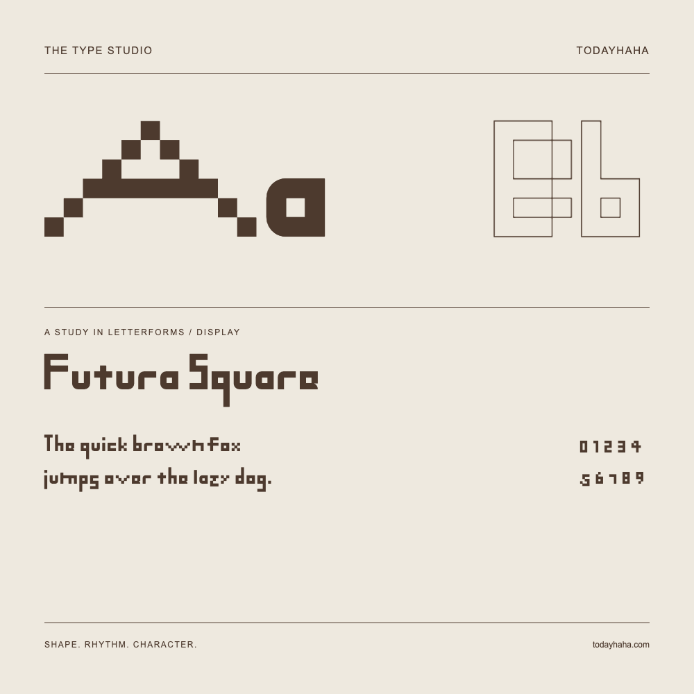 Futura Square — Buchstabenstudie mit Beispielsatz und Ziffern