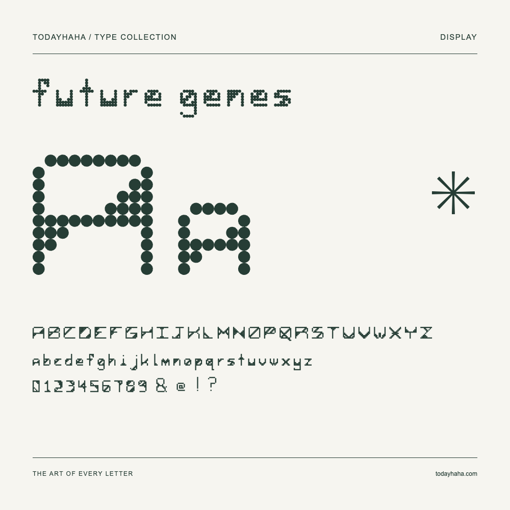 future genes — Spécimen avec majuscules, minuscules et chiffres