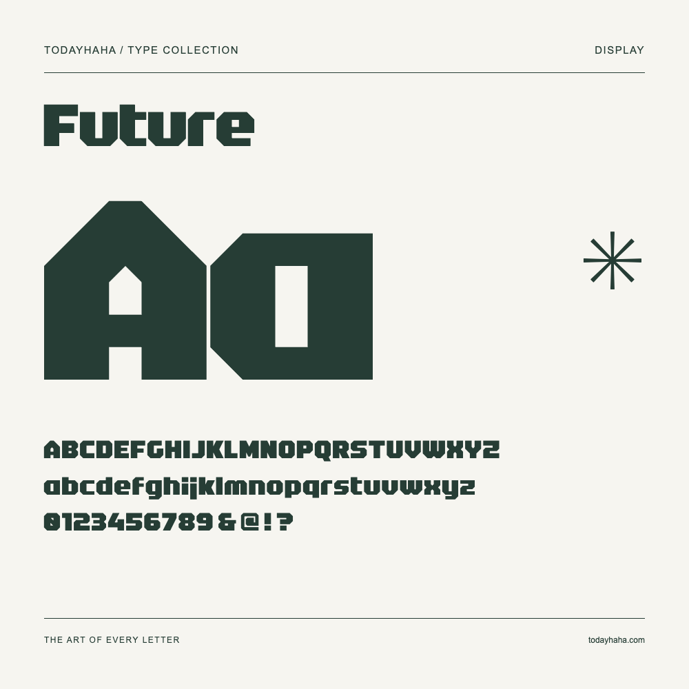 Future — Schriftmuster mit Großbuchstaben, Kleinbuchstaben und Ziffern