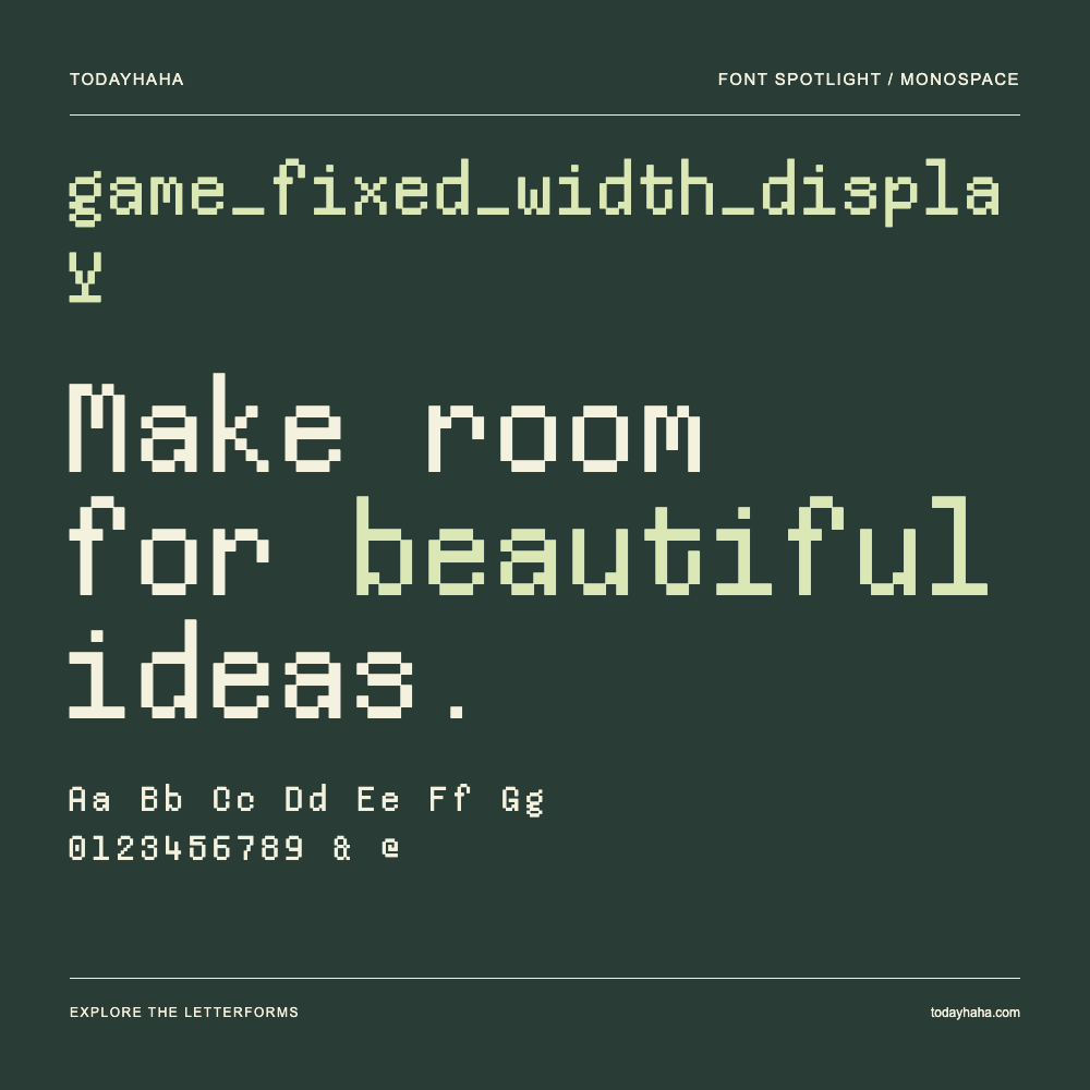 game_fixed_width_display — Póster tipográfico con texto de muestra
