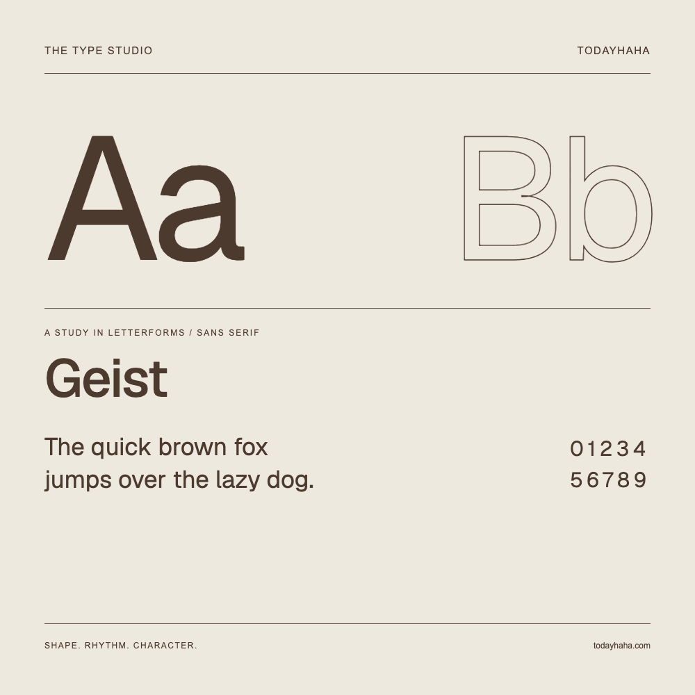Geist — Letterform study with sample sentence and numbers