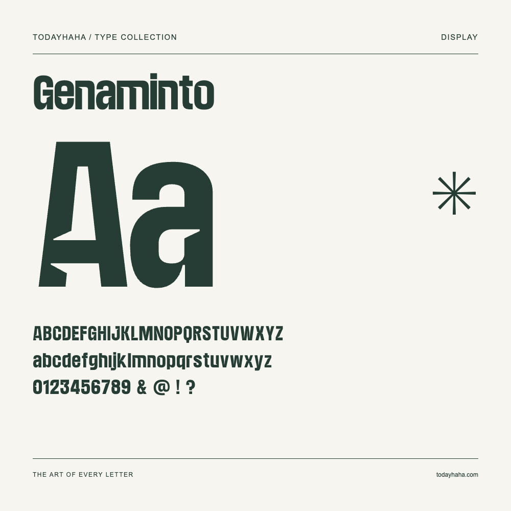 Genaminto — Spécimen avec majuscules, minuscules et chiffres