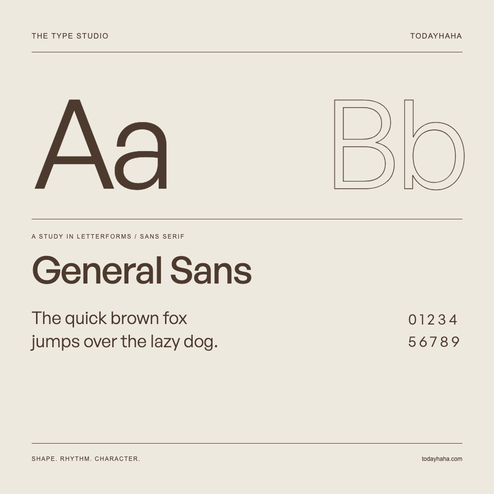 General Sans — Buchstabenstudie mit Beispielsatz und Ziffern