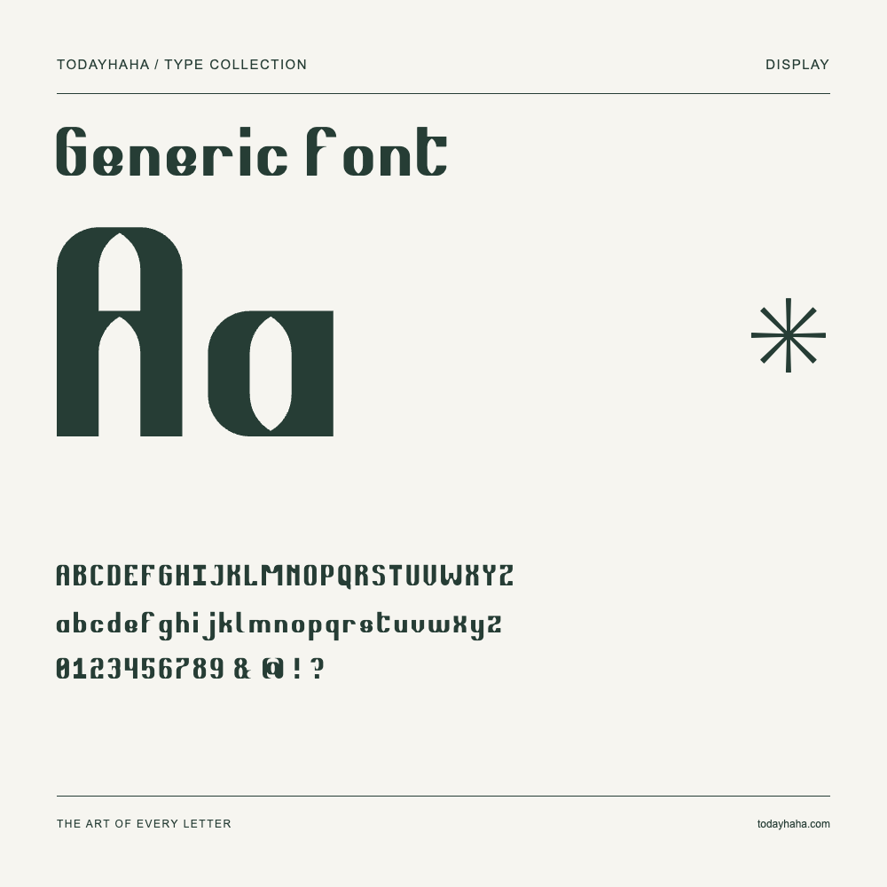 Generic font — Spécimen avec majuscules, minuscules et chiffres