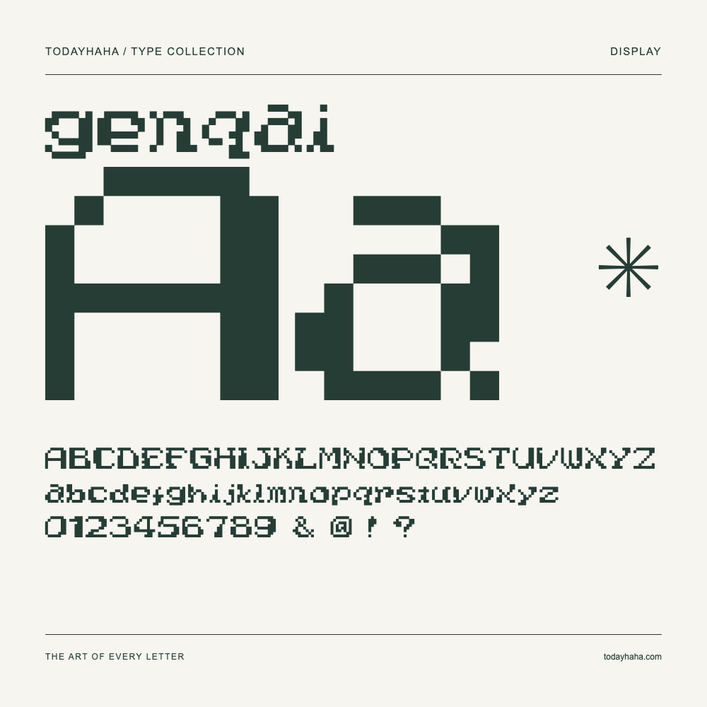 genqai — Schriftmuster mit Großbuchstaben, Kleinbuchstaben und Ziffern