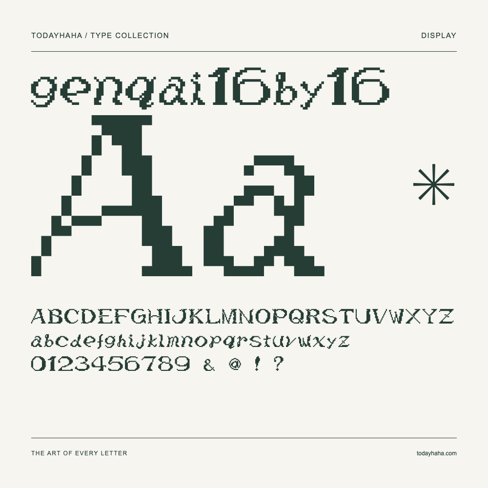 genqai16by16 — Spécimen avec majuscules, minuscules et chiffres