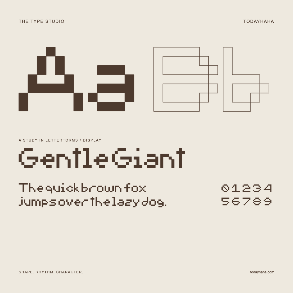 Gentle Giant — Buchstabenstudie mit Beispielsatz und Ziffern