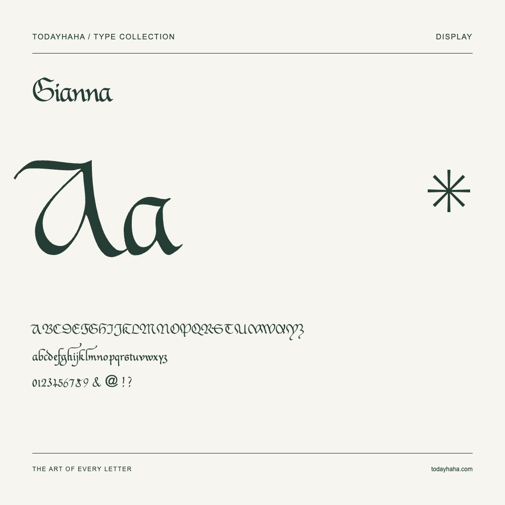 Gianna — Spécimen avec majuscules, minuscules et chiffres