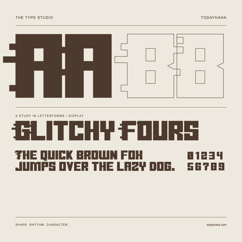 Glitchy Fours — Estudio de letras con una frase y números