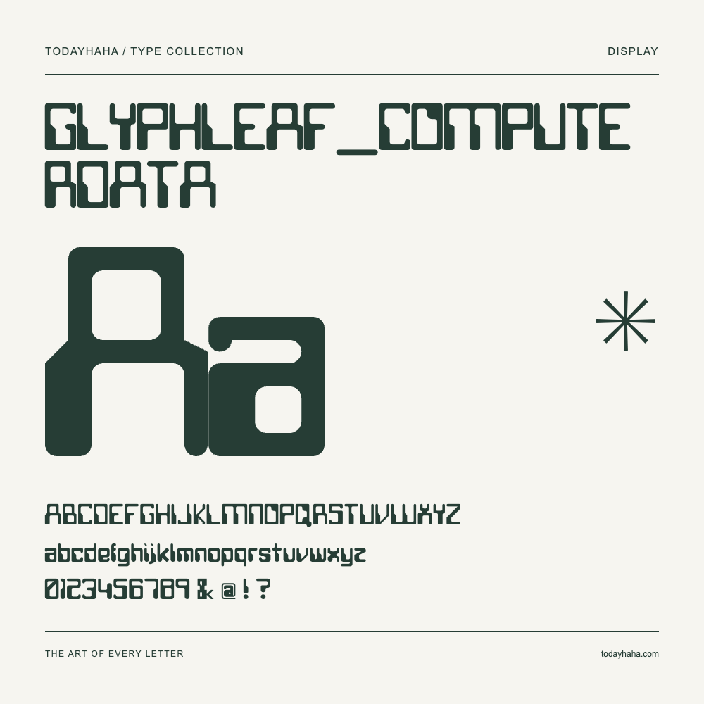 GLYPHLEAF_COMPUTERDATA — Schriftmuster mit Großbuchstaben, Kleinbuchstaben und Ziffern