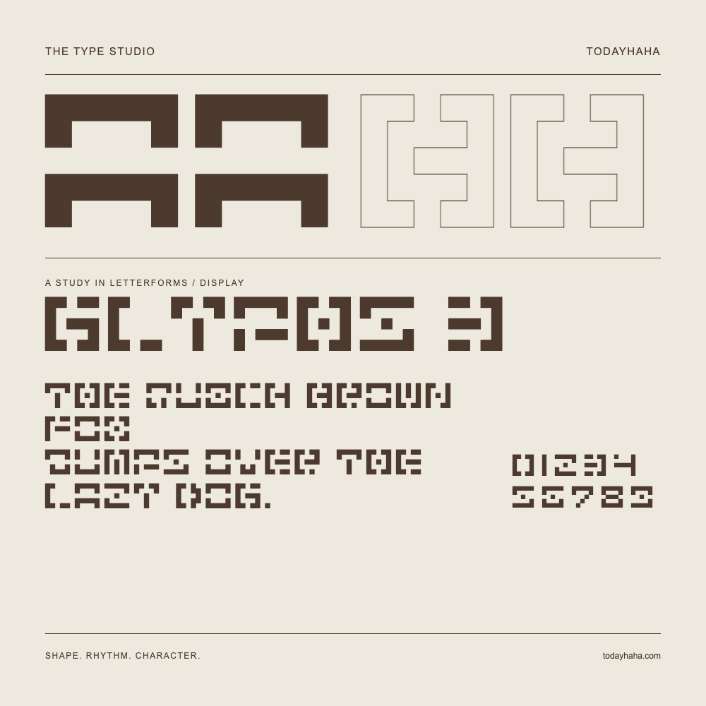 Glyphs 3 — Letterform study with sample sentence and numbers