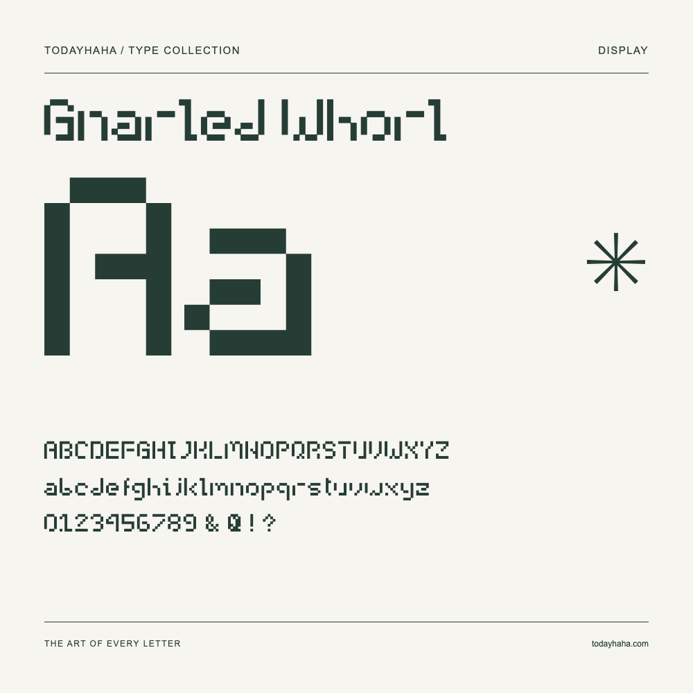 Gnarled Whorl — Spécimen avec majuscules, minuscules et chiffres
