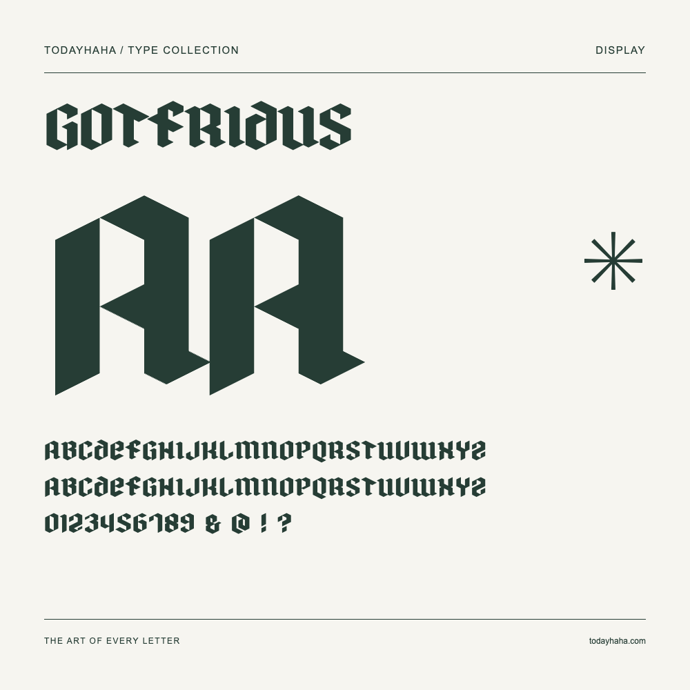 Gotfridus — Spécimen avec majuscules, minuscules et chiffres
