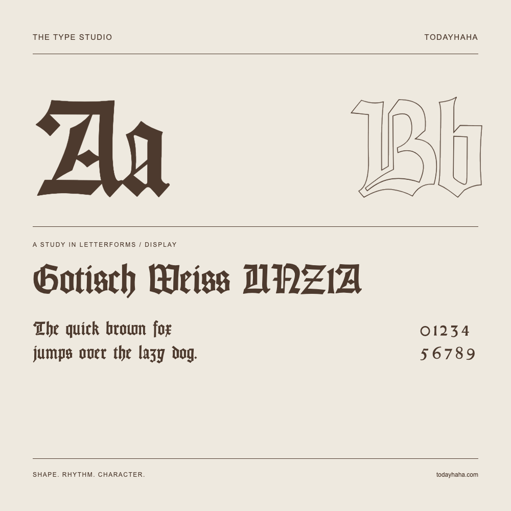 Gotisch Weiss UNZ1A — Letterform study with sample sentence and numbers