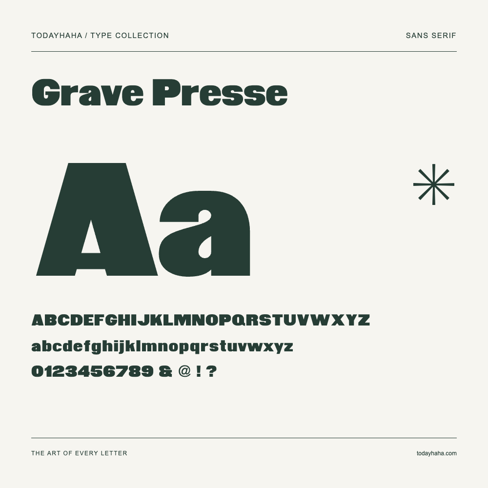 Grave Presse — Schriftmuster mit Großbuchstaben, Kleinbuchstaben und Ziffern