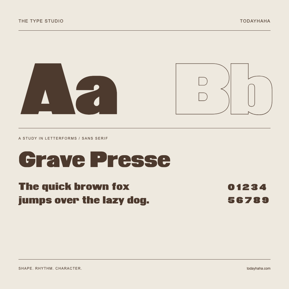 Grave Presse — Buchstabenstudie mit Beispielsatz und Ziffern