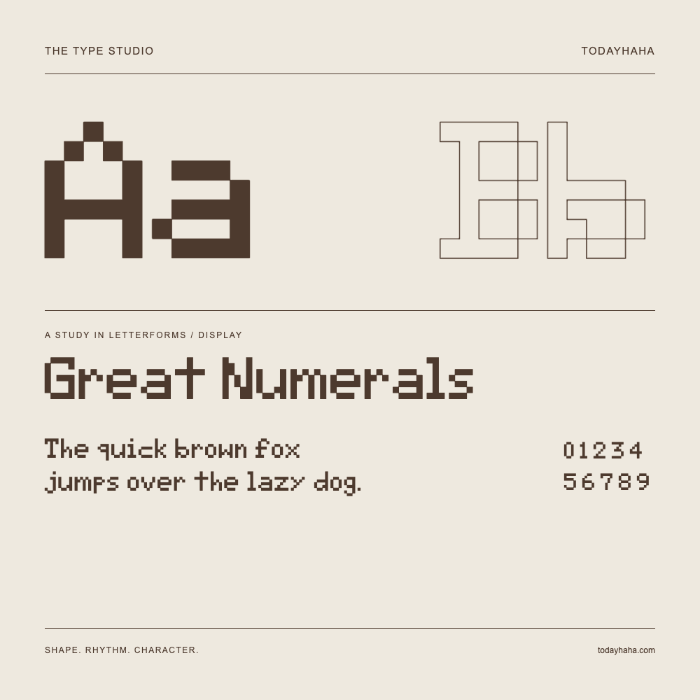 Great Numerals — Buchstabenstudie mit Beispielsatz und Ziffern