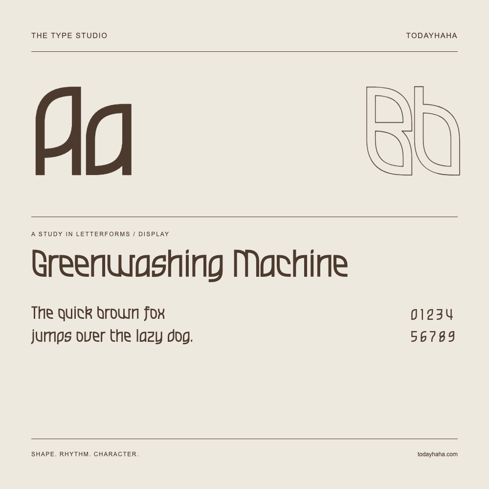 Greenwashing Machine — Buchstabenstudie mit Beispielsatz und Ziffern