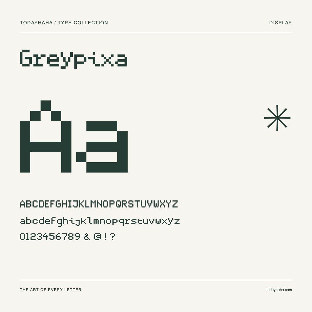 Greypixa — Schriftmuster mit Großbuchstaben, Kleinbuchstaben und Ziffern