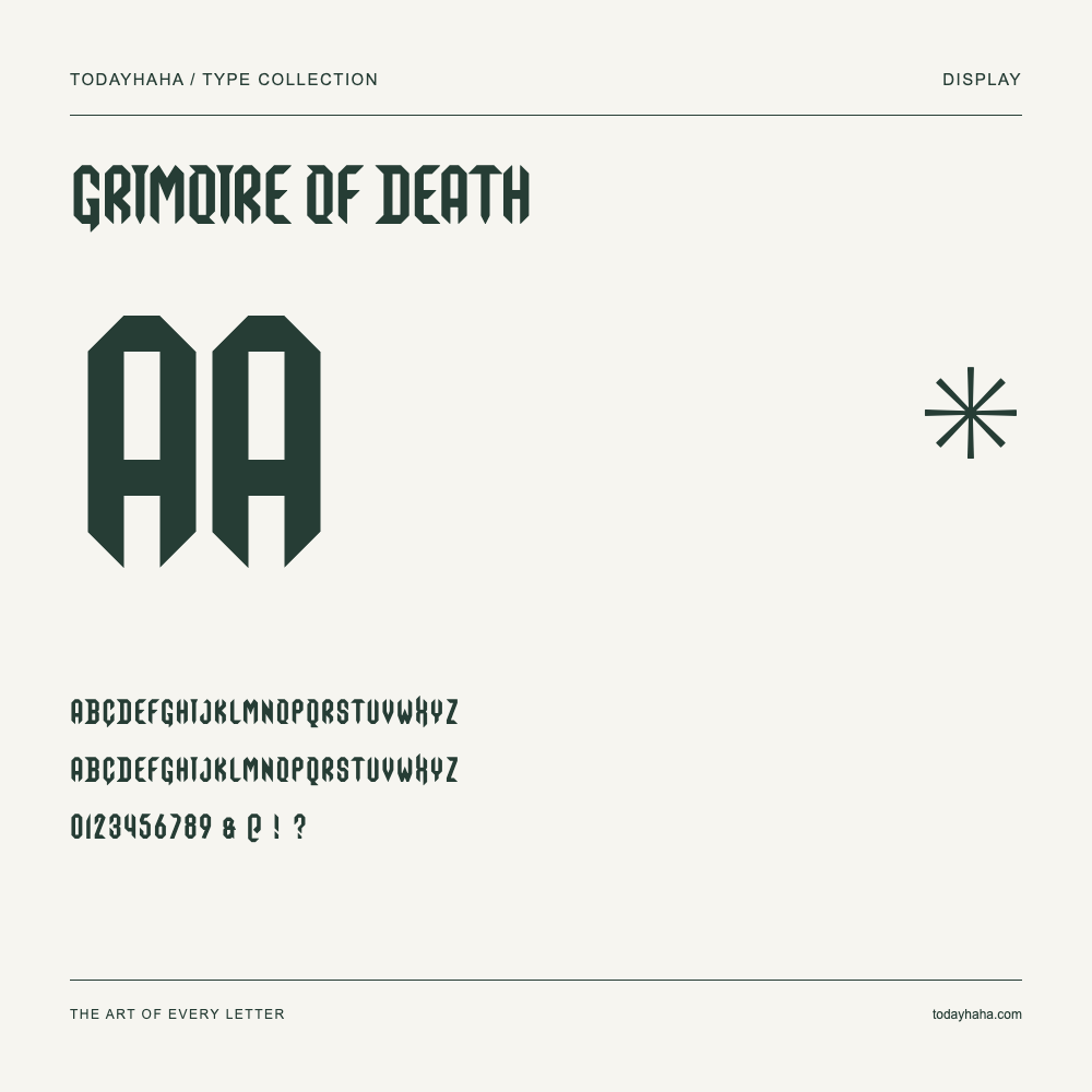 Grimoire Of Death — Schriftmuster mit Großbuchstaben, Kleinbuchstaben und Ziffern