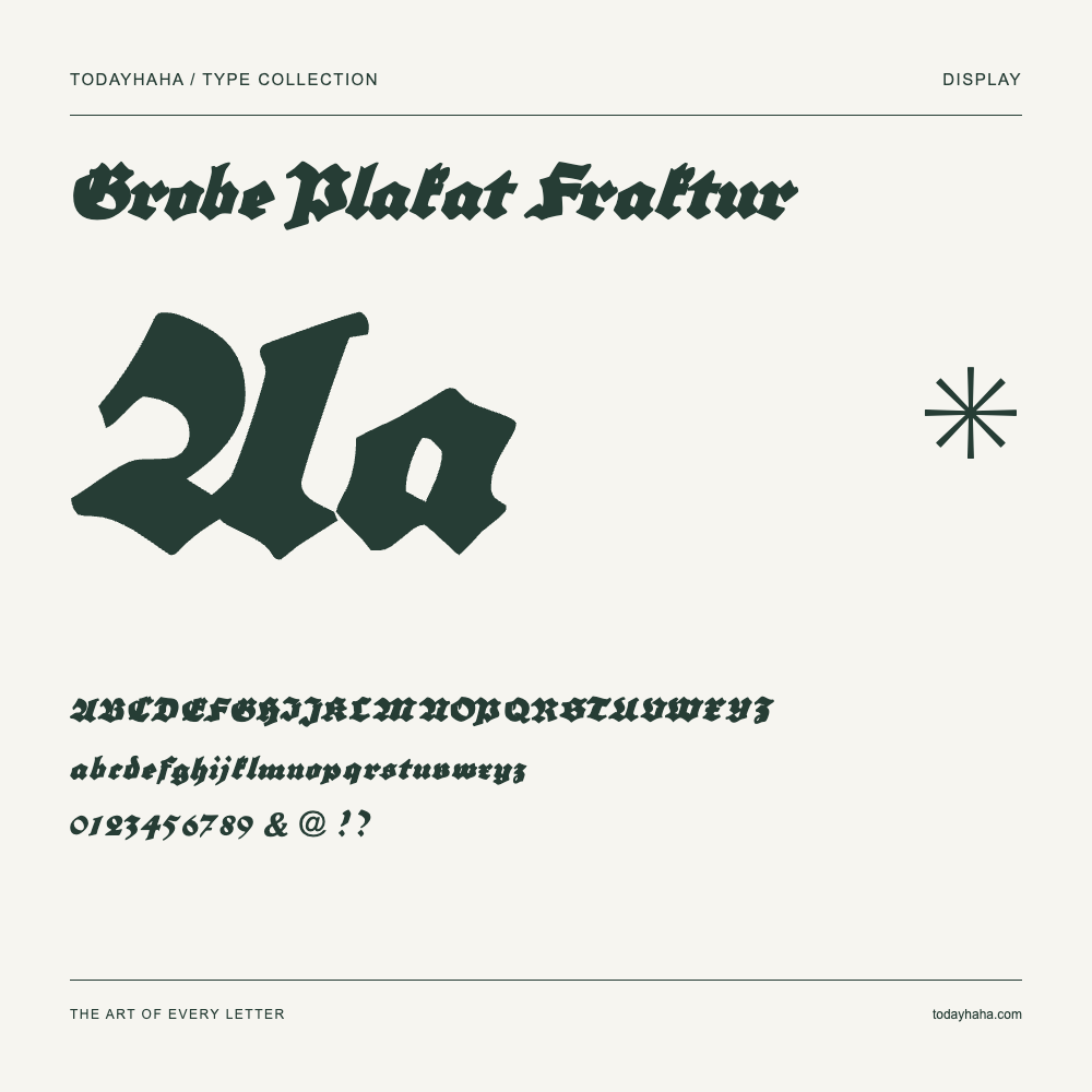 Grobe Plakat Fraktur — Schriftmuster mit Großbuchstaben, Kleinbuchstaben und Ziffern