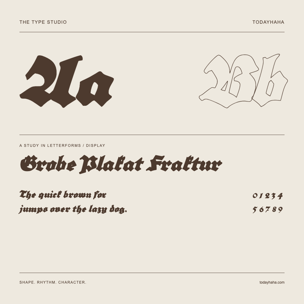 Grobe Plakat Fraktur — Buchstabenstudie mit Beispielsatz und Ziffern