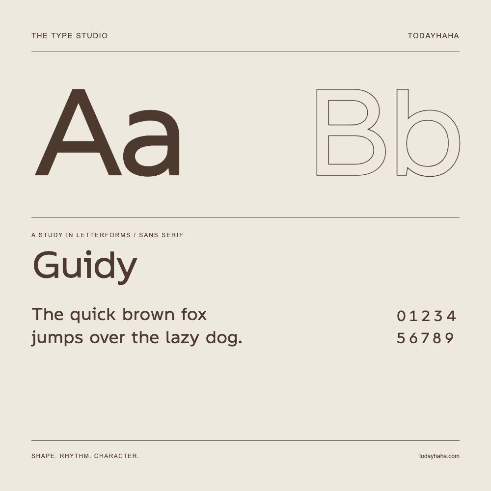 Guidy — Buchstabenstudie mit Beispielsatz und Ziffern