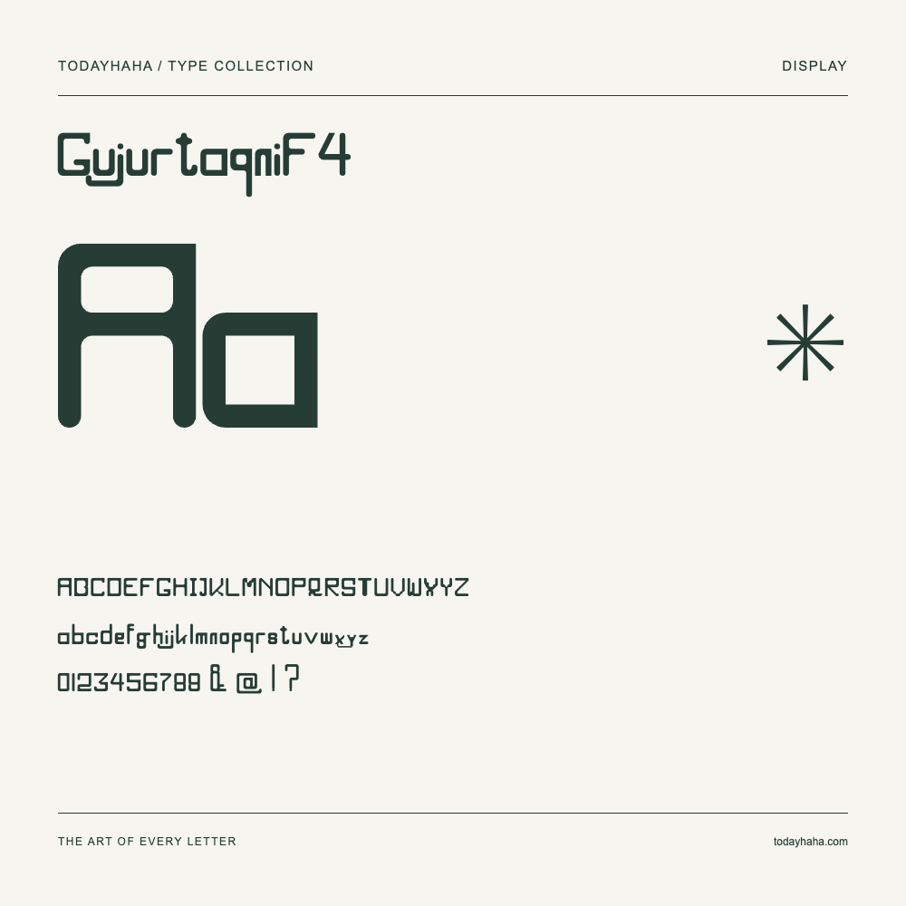 GujurtaqniF4 — Font specimen with uppercase and lowercase letters and numbers