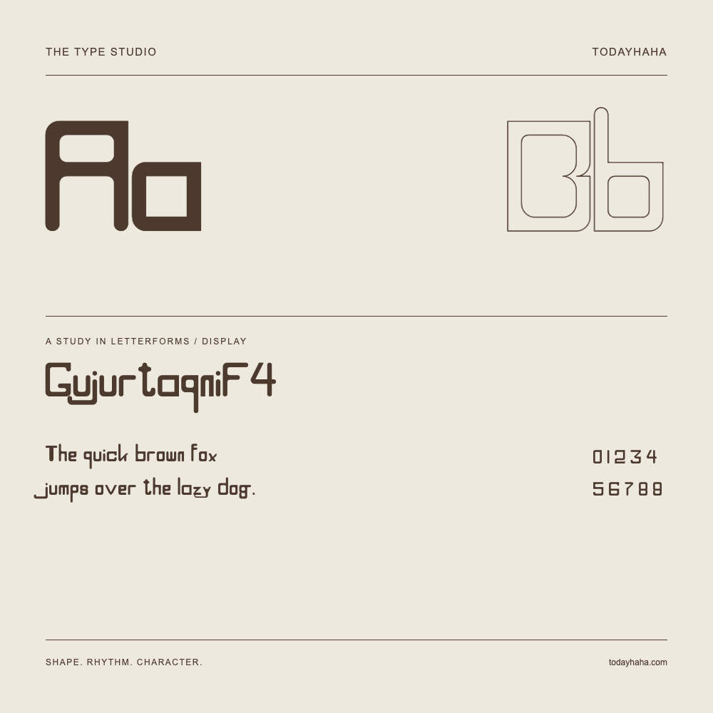 GujurtaqniF4 — Letterform study with sample sentence and numbers