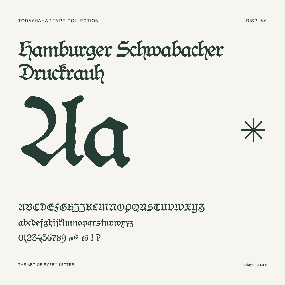 Hamburger Schwabacher Druckrauh — Schriftmuster mit Großbuchstaben, Kleinbuchstaben und Ziffern
