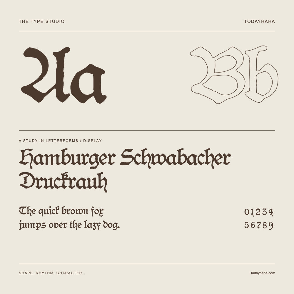 Hamburger Schwabacher Druckrauh — Buchstabenstudie mit Beispielsatz und Ziffern