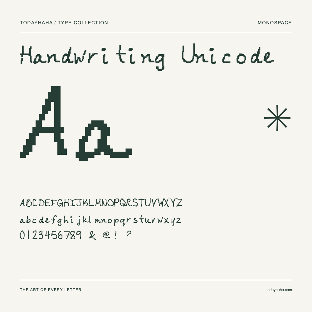 Handwriting Unicode — Font specimen with uppercase and lowercase letters and numbers