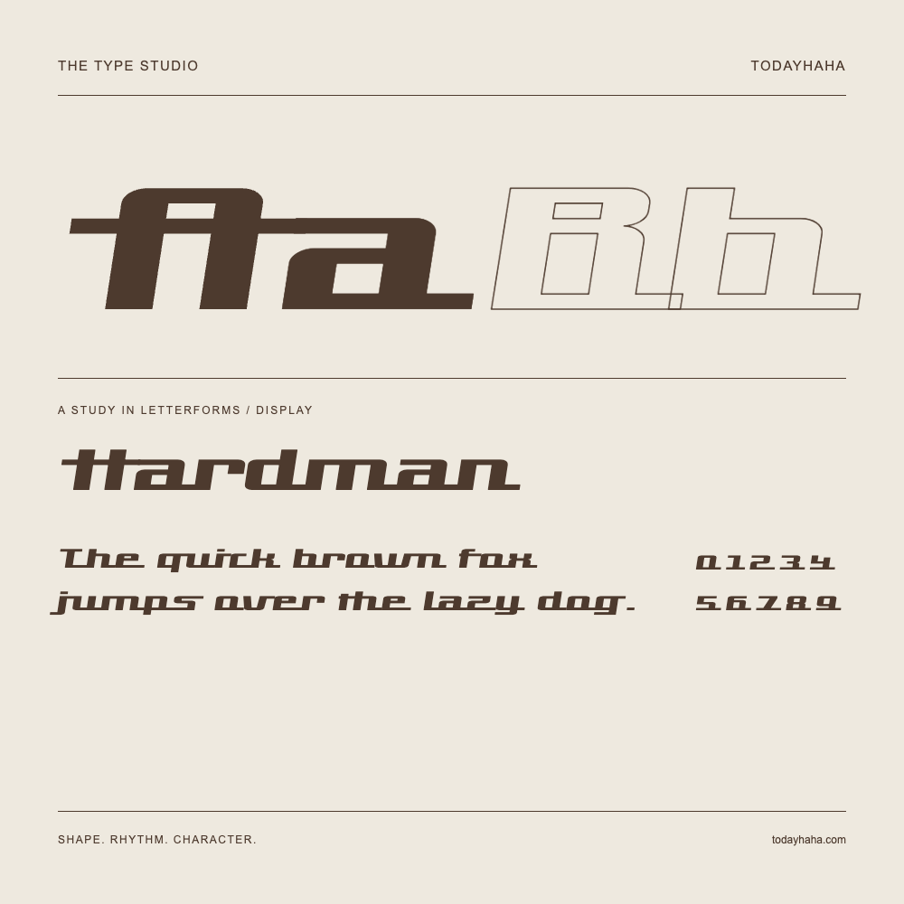 Hardman — Letterform study with sample sentence and numbers
