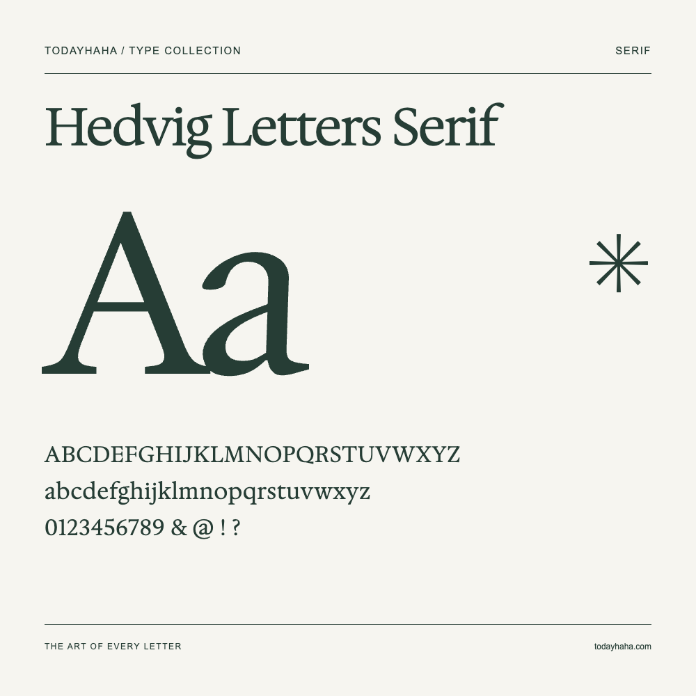 Hedvig Letters Serif — Font specimen with uppercase and lowercase letters and numbers
