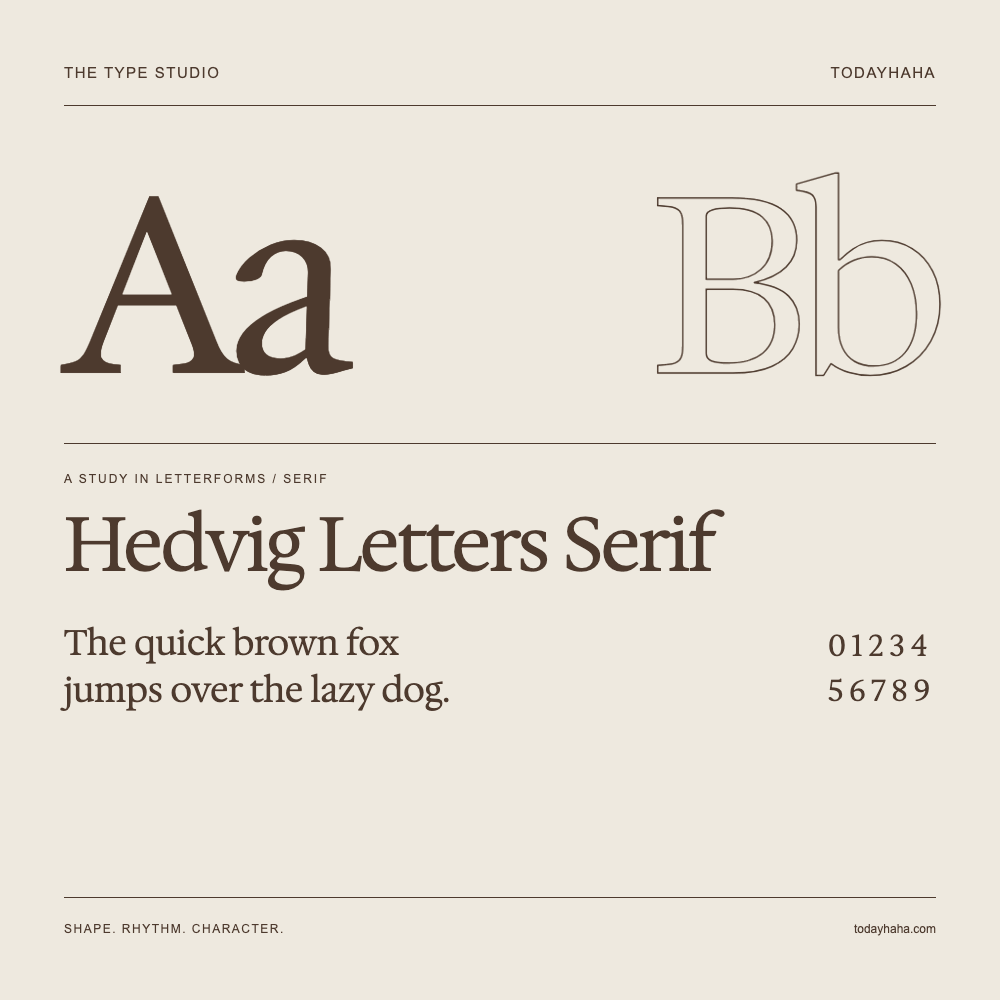 Hedvig Letters Serif — Letterform study with sample sentence and numbers