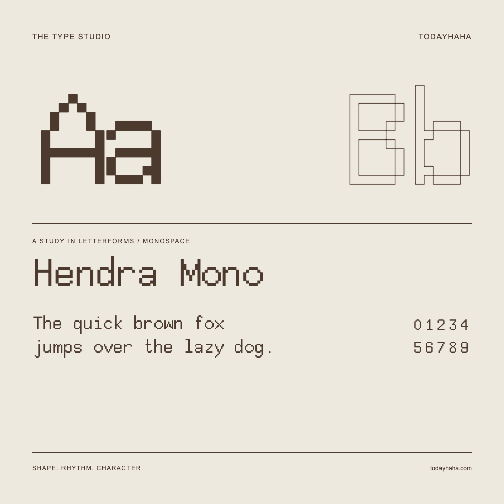 Hendra Mono — Letterform study with sample sentence and numbers