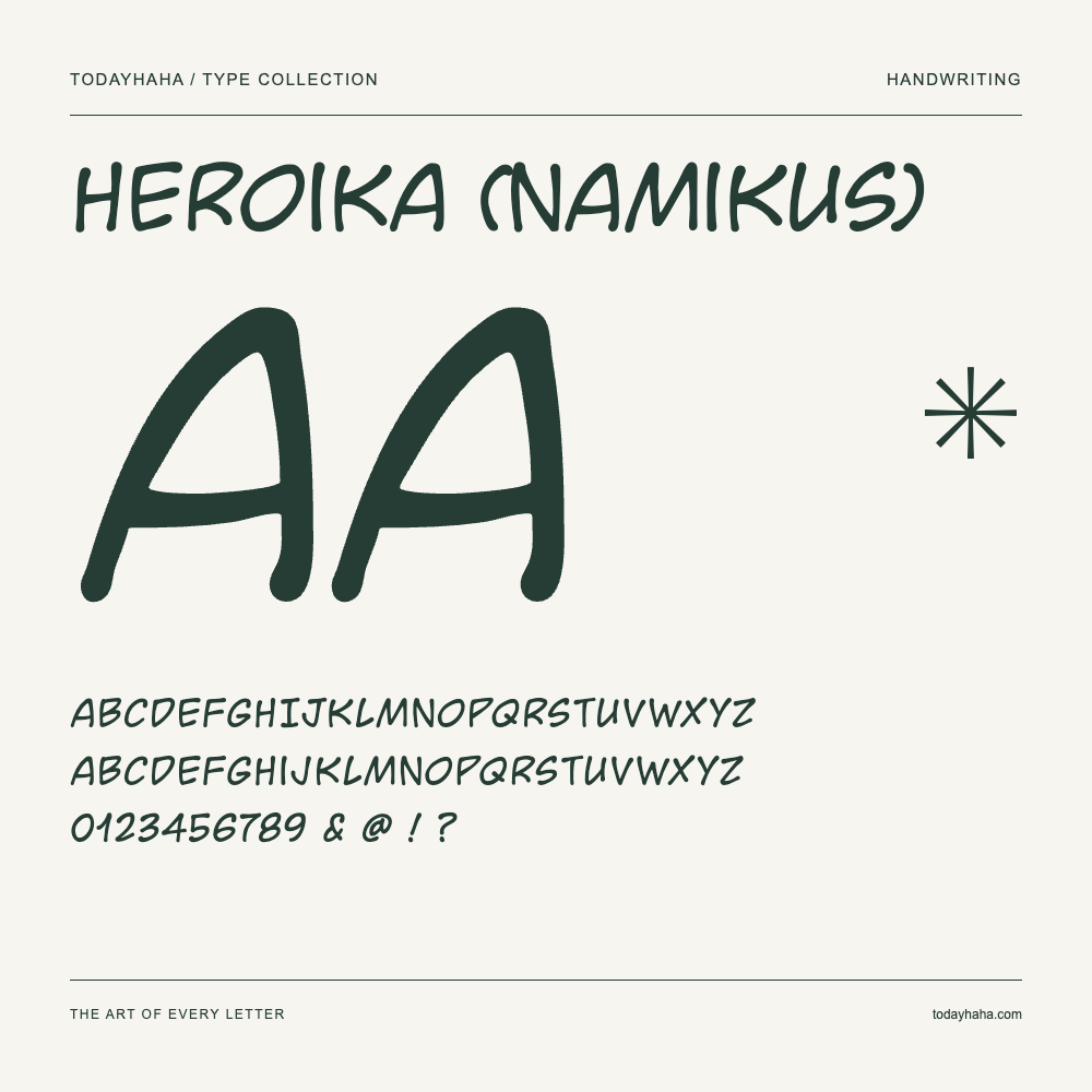 Heroika (Namikus) — Schriftmuster mit Großbuchstaben, Kleinbuchstaben und Ziffern