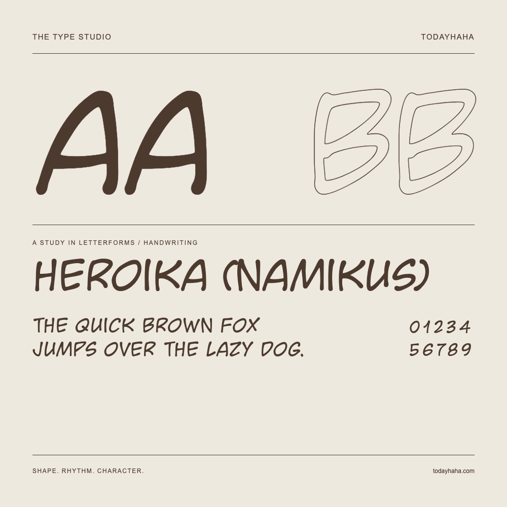 Heroika (Namikus) — Buchstabenstudie mit Beispielsatz und Ziffern